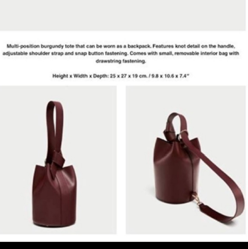 Zara bergundy bucket bag, converts to backpack